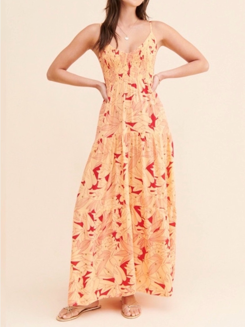 LUSANA Womens V Neck Floral Print Smocked Maxi Tank Sundress Orange XS Orig $329
